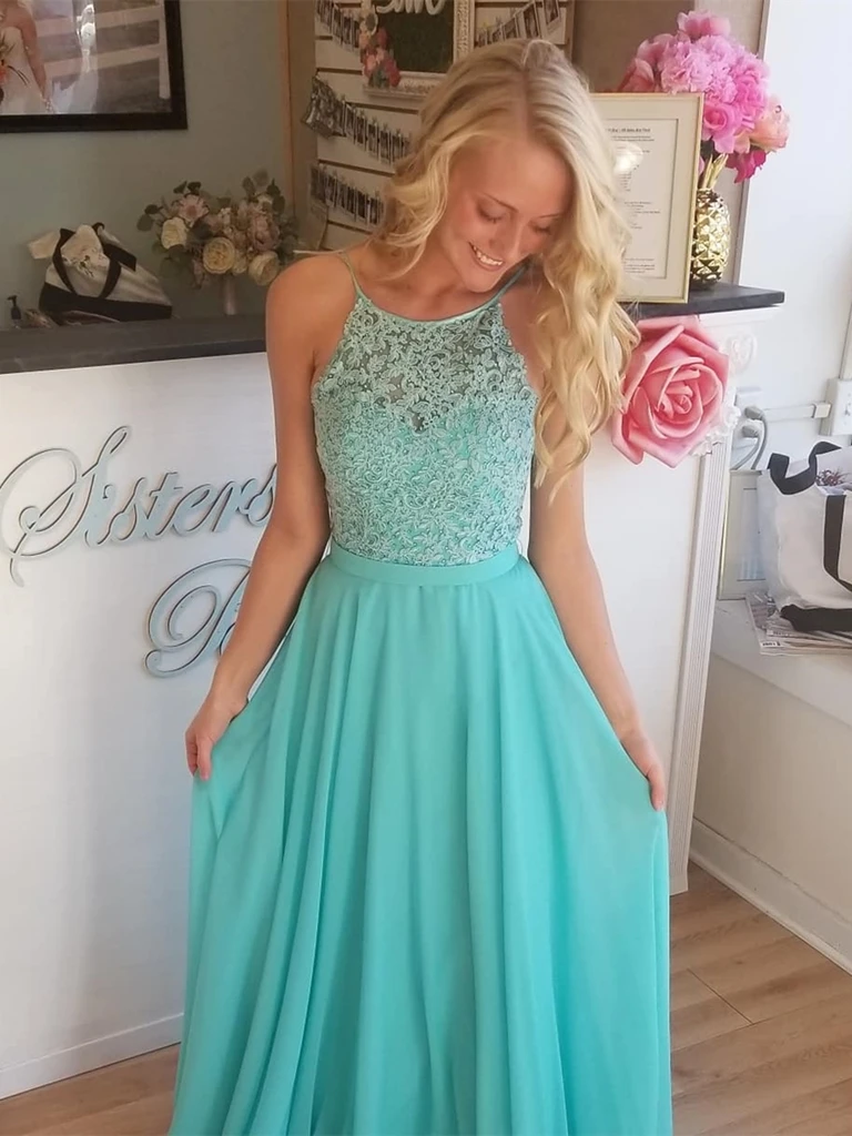 Aqua Backless Lace Long Prom Dresses ...